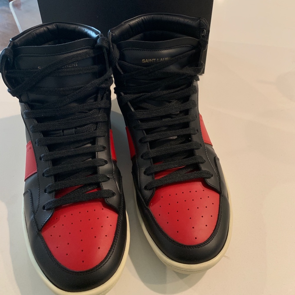 SAINT LAURENT MENS BLACK & RED HIGHTOPS